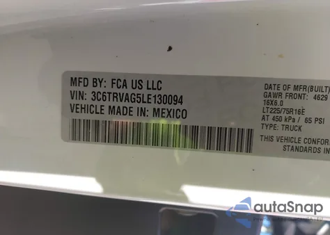 2020 Ram Promaster 1500 Low Roof 136 Wb из США, поврежденный, VIN 3C6TRVAG5LE130094